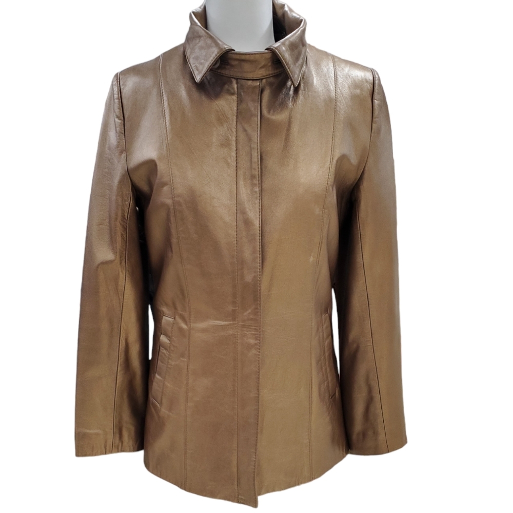 Saga Furs leather jacket women's size Small gold with zip out fox fur lining